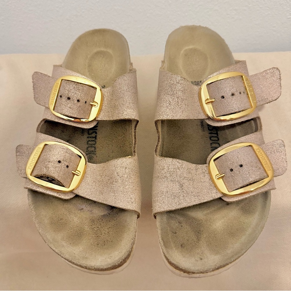 Birkenstock Arizona Big Buckle Met Rose Leather Slides Sz 39 or 8- 8.5 - Picture 2 of 6